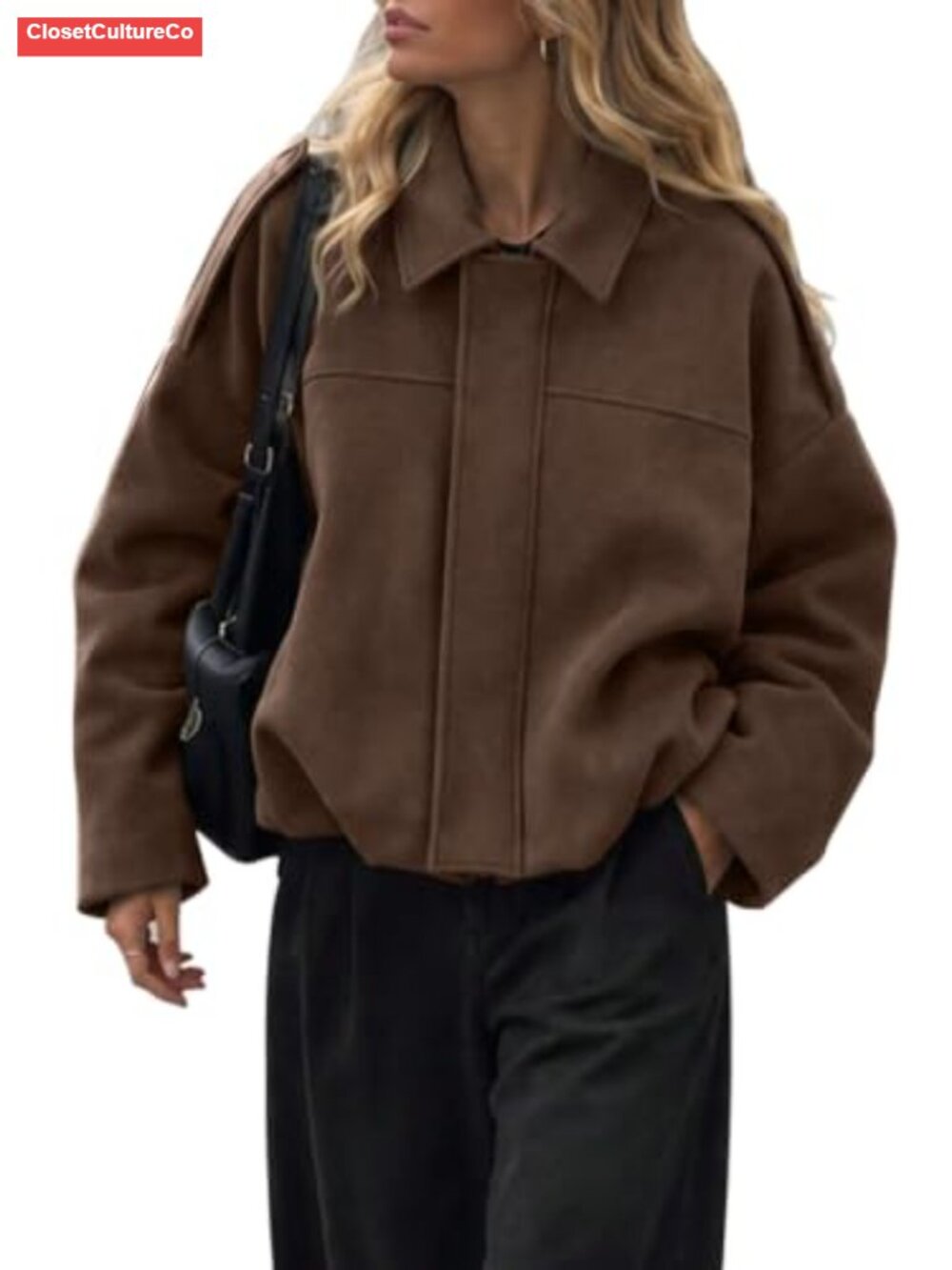 Faux Suede Bomber Jacket Oversized Batwing Sleeve Zip Up Women's